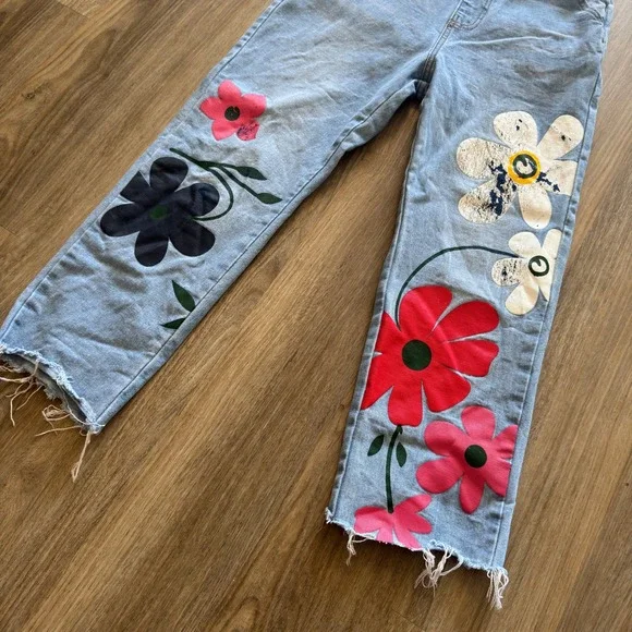 Misslook Women Floral Print Denim Overalls Light Wash Raw Hem Boho Size S - Picture 3 of 8